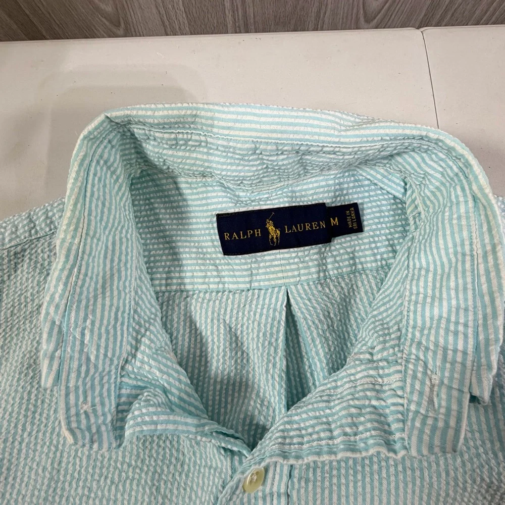 Polo Ralph Lauren Short-sleeve Blue White Seersucker Button Up Pink Pony Shirt M